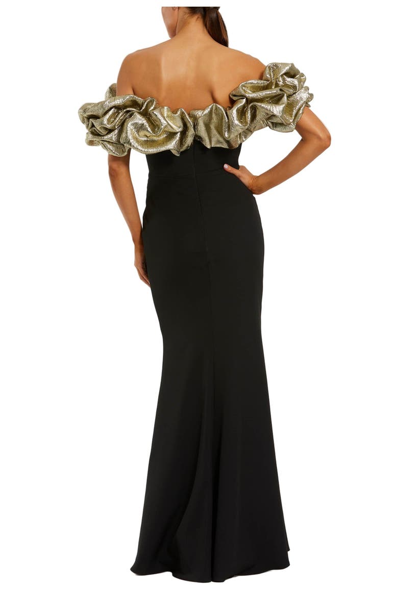 Mac Duggal Crepe Mermaid Gown With Off The Shoulder Ruffle, Alternate, color, Black Gold