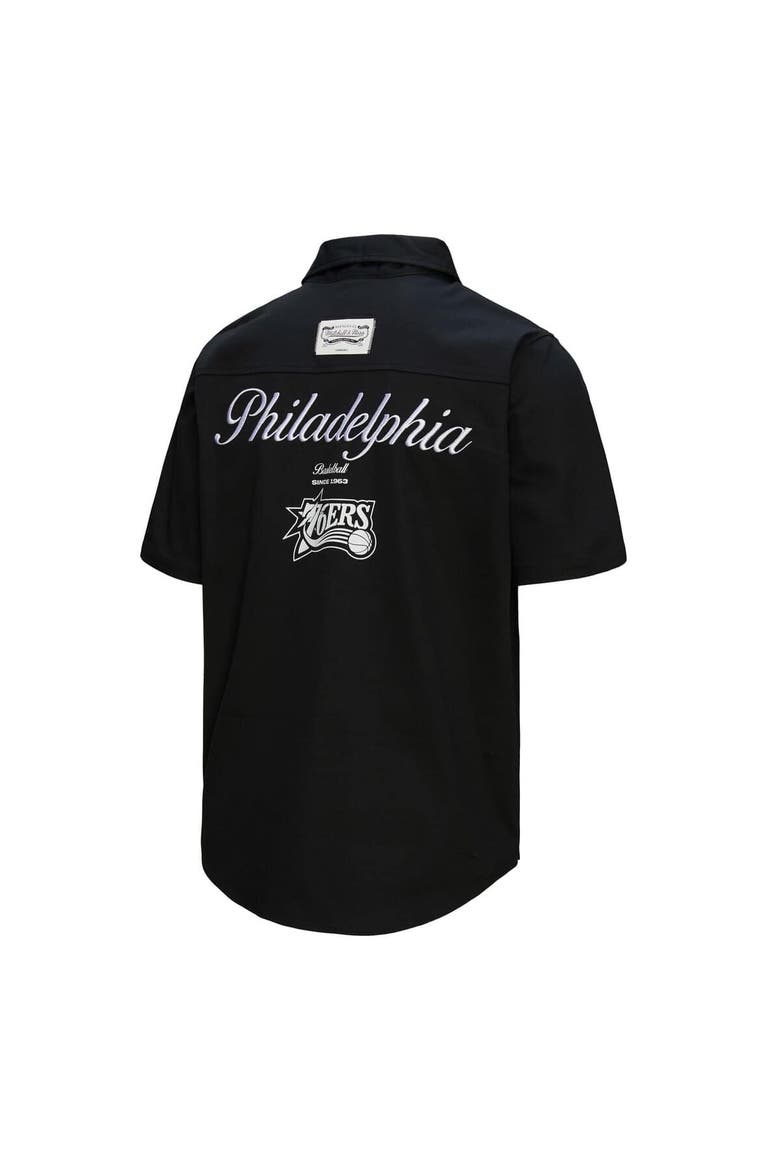 Men's Mitchell & Ness Black Philadelphia 76ers Hardwood Classics Camp Shirt, Alternate, color, Black