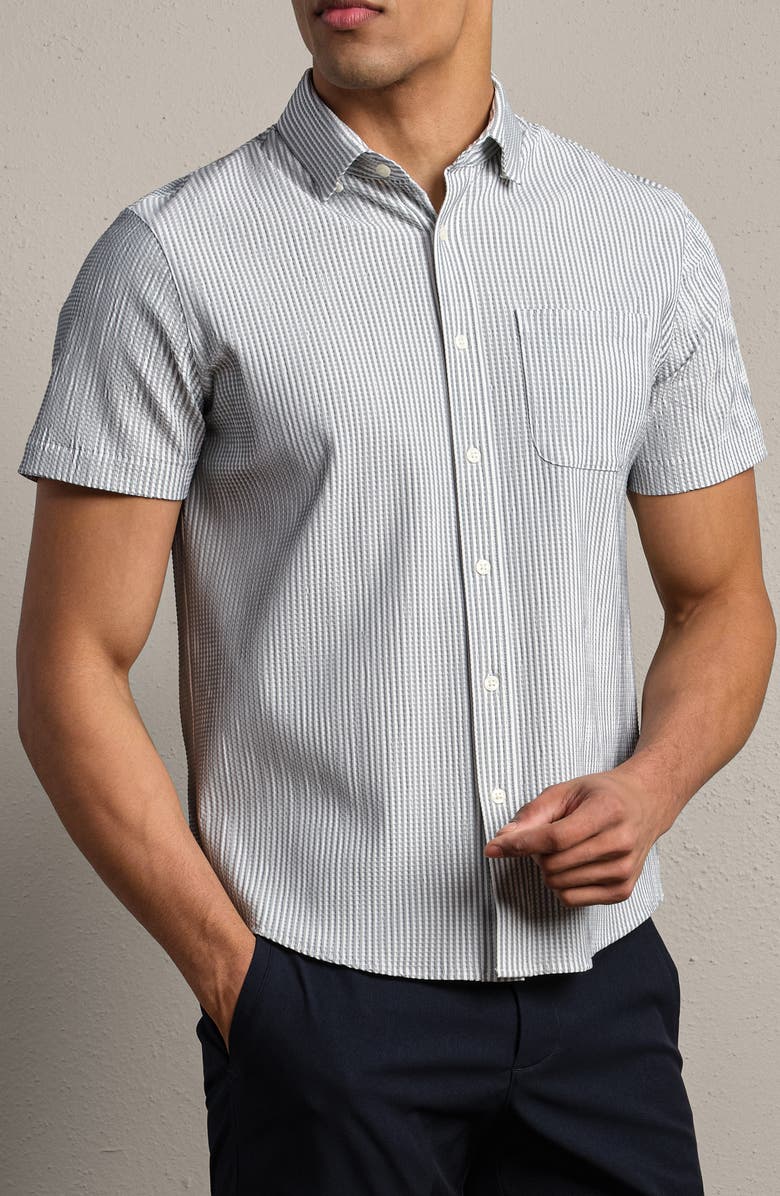 Rhone Commuter Stripe Seersucker Button-Up Shirt, Alternate, color, Stone Stripe