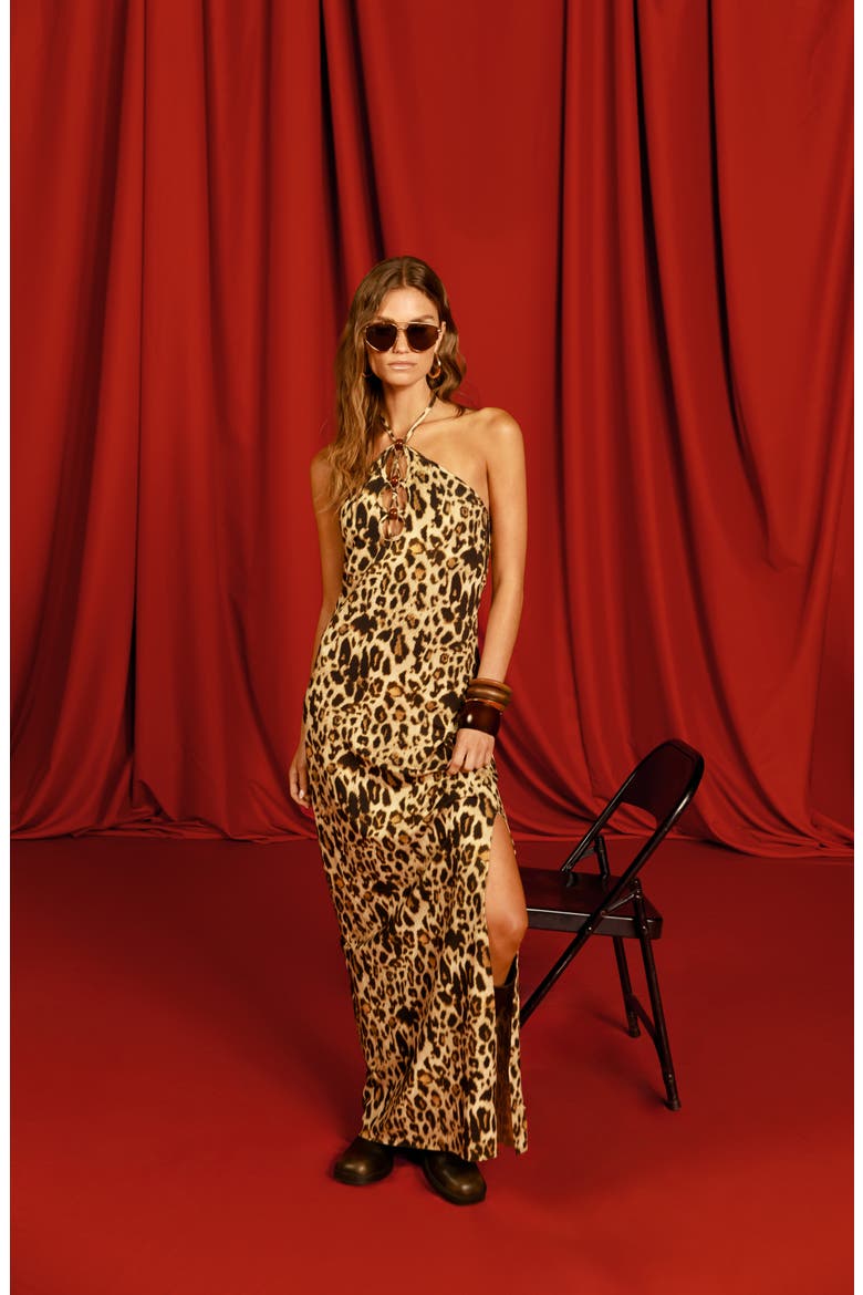 Elise Print Keyhole Halter Cover-Up Maxi Dress, Alternate, color, LEOPARD