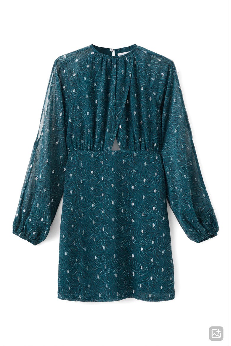 Cutout Long Sleeve Clip Dot Chiffon Dress, Alternate, color, PETROL BLUE