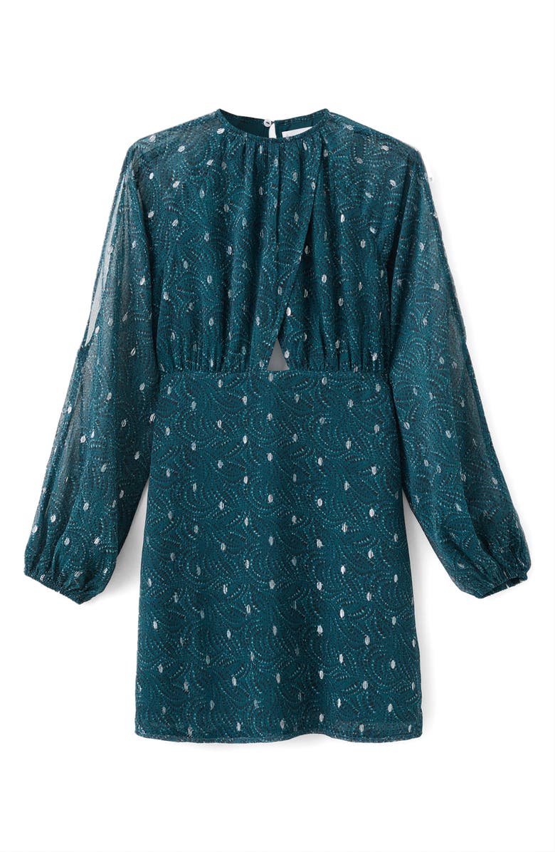 MANGO TEEN Cutout Long Sleeve Clip Dot Chiffon Dress, Alternate, color, Petrol Blue