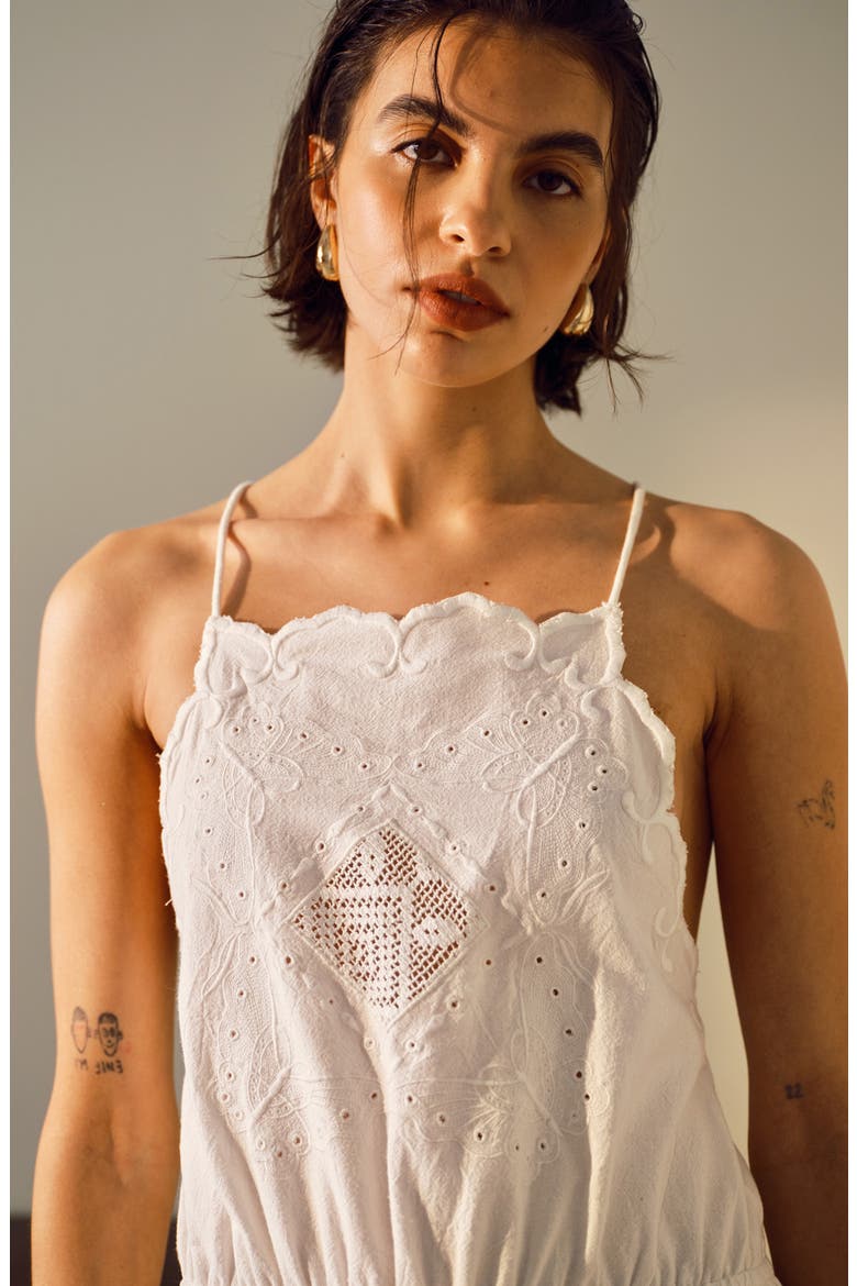 Eyelet Embroidered Handkerchief Hem Cotton & Linen Sundress, Alternate, color, WHITE