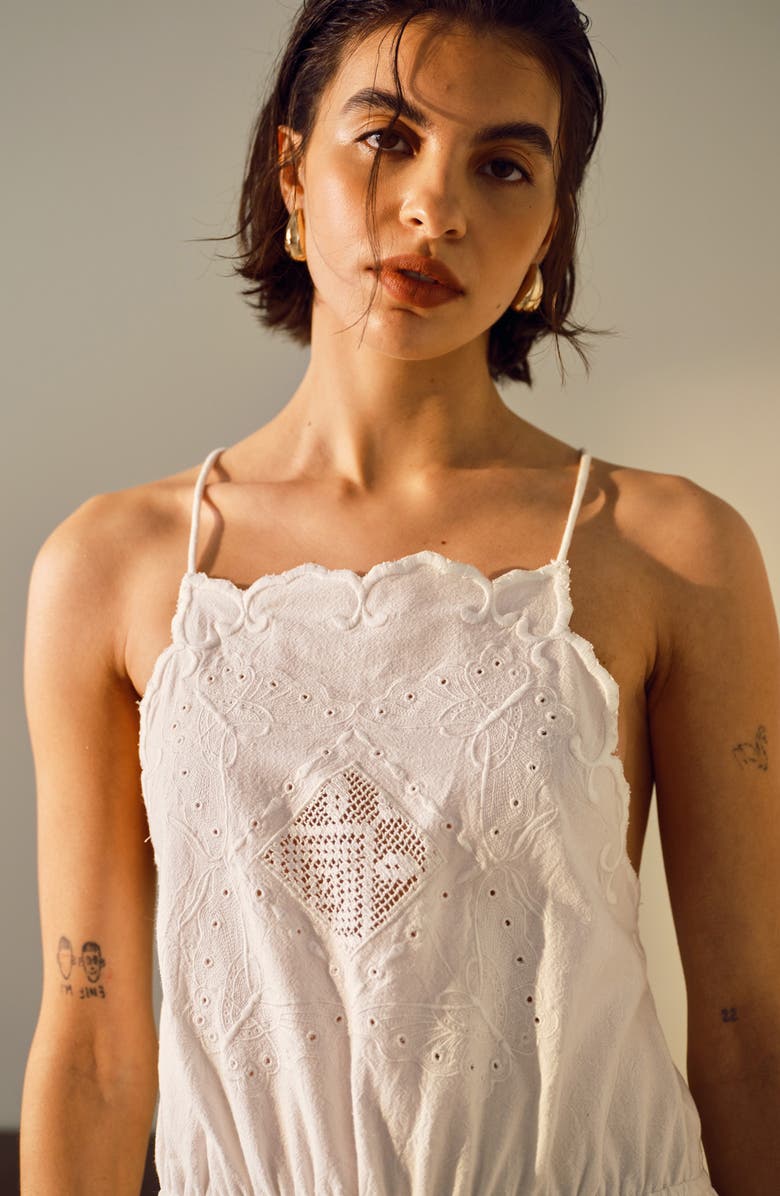 Topshop Eyelet Embroidered Handkerchief Hem Cotton & Linen Sundress, Alternate, color, White