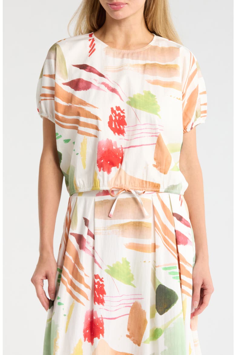 Short Sleeve Tie Waist Crop Top, Main, color, IVORY BRUSH STROKE PRINT