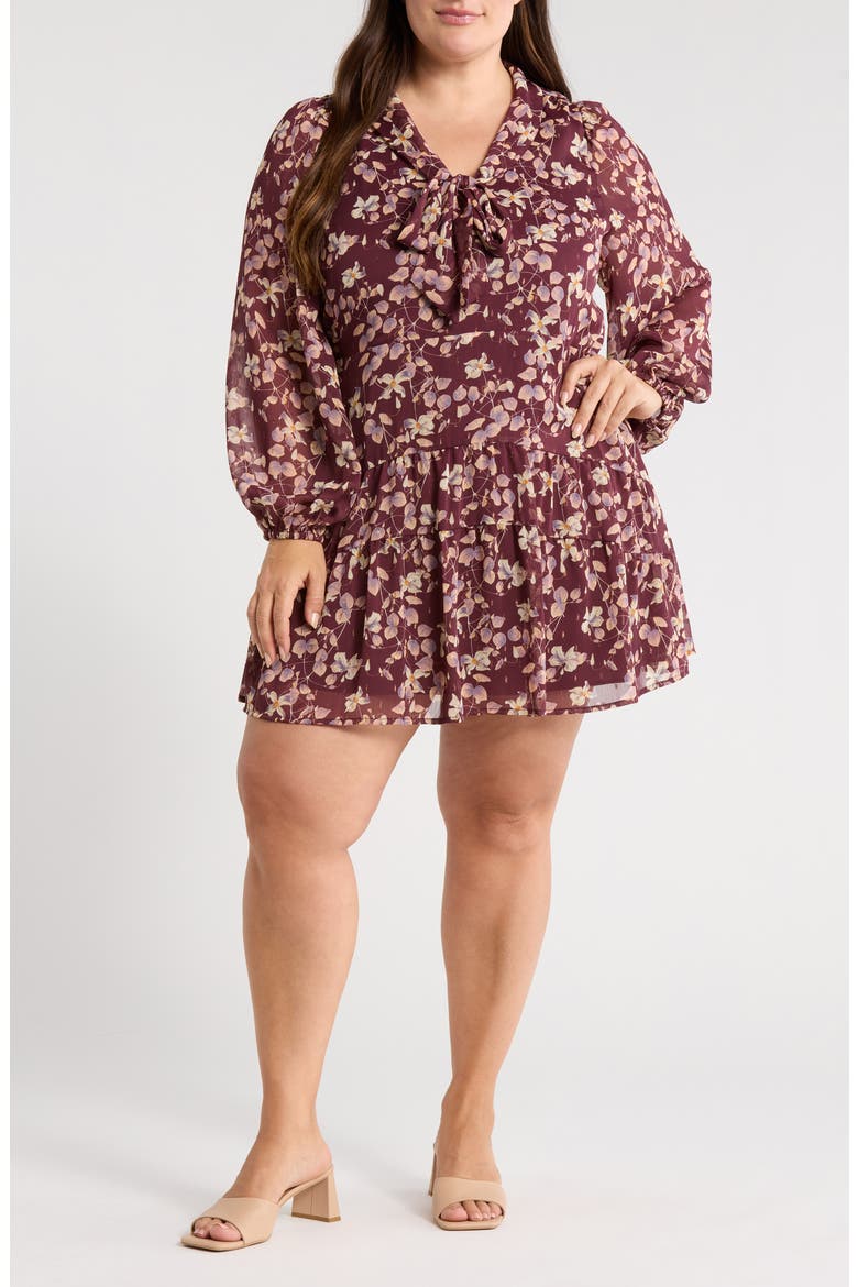 Tie Neck Tiered Minidress, Main, color, BURGUNDY- PINK MAPLE FLORAL