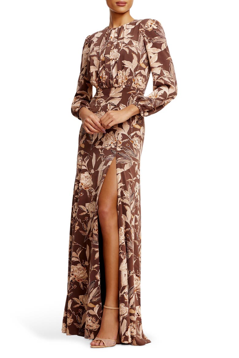 Joni Floral Long Sleeve Satin Gown, Alternate, color, MOCHA MULTI