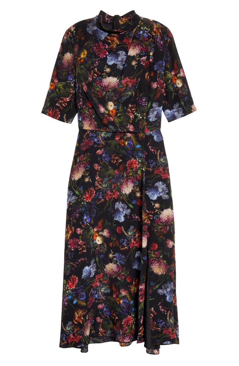 Adam Lippes Floral Print Pleated Neck Silk Dress, Alternate, color, 