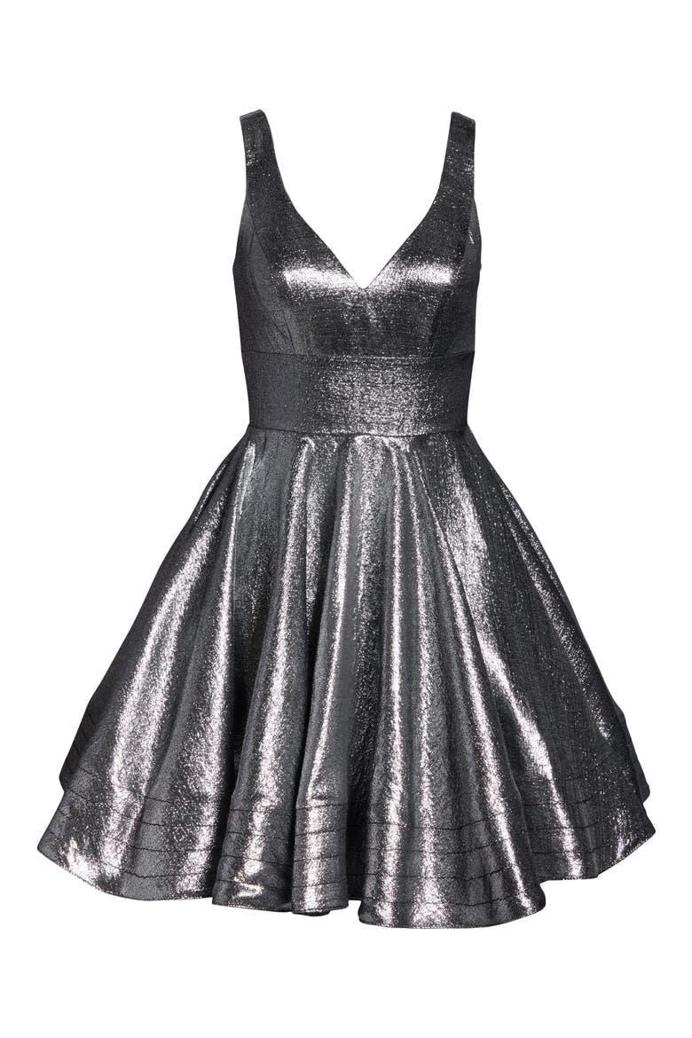 Metallic Fit & Flare Cocktail Dress, Alternate, color, STERLING