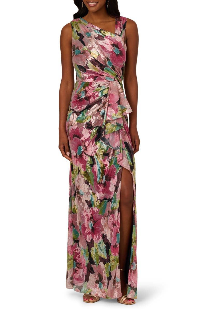Adrianna Papell Asymmetric Metallic Foil Floral Gown, Main, color, Pink Multi