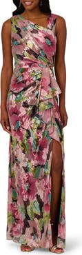 Adrianna Papell Asymmetric Metallic Foil Floral Gown