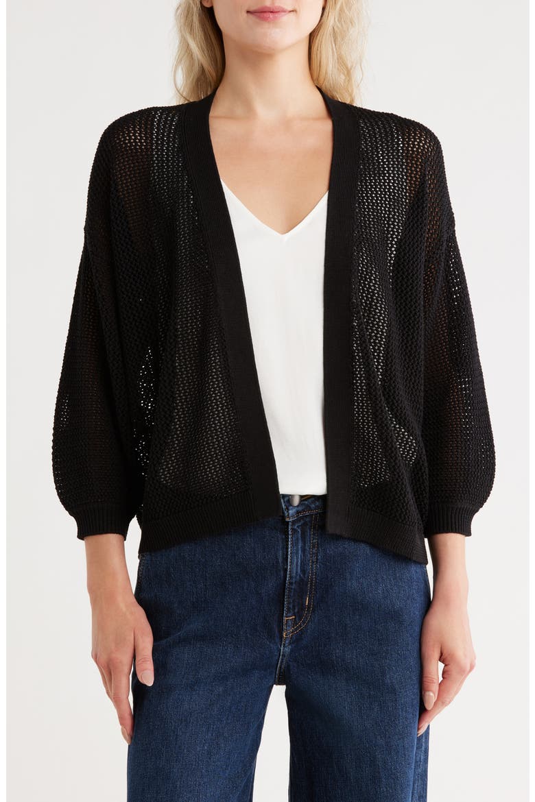 Open Stitch Front Cotton Cardigan, Main, color, BLACK