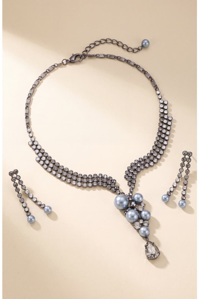 Pearl Crystal Trickling Necklace and Earring Set, Alternate, color, Gunmetal