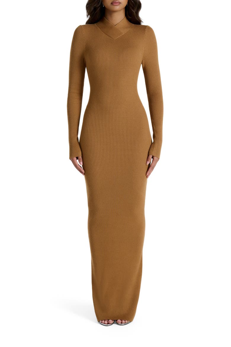 Rib Long Sleeve Body-Con Sweater Dress, Main, color, CAMEL