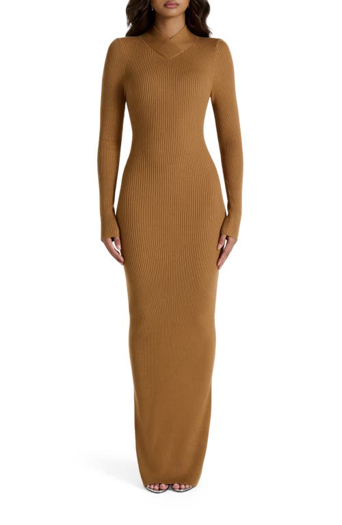 Naked Wardrobe Rib Long Sleeve Body-con Sweater Dress In Brown