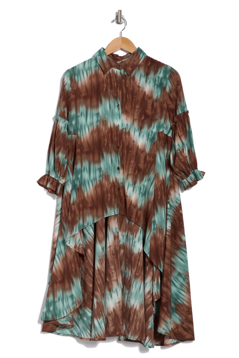 Tie Dye High-Low Button-Up Shirt, Alternate, color, BROWN