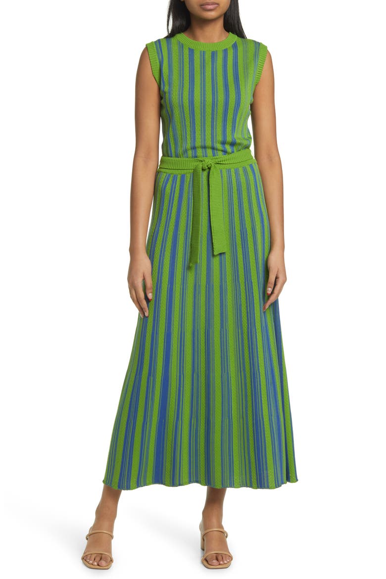 Tie Waist Knit Maxi Dress, Main, color, S SKY/ GRN/ BK