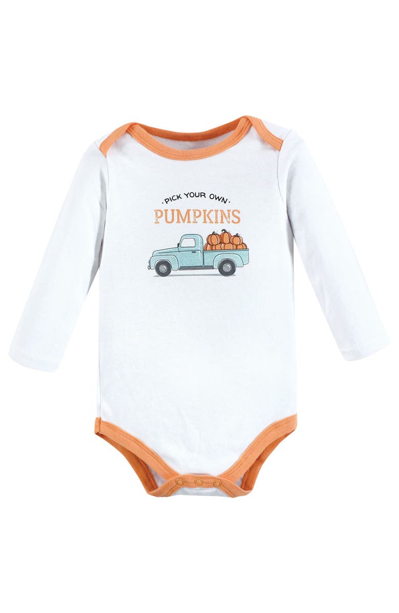 Hudson Baby Three-Piece Long-Sleeve Bodysuit Outfit with Pants and Footwear, Alternate, color, Pumpkin Truck