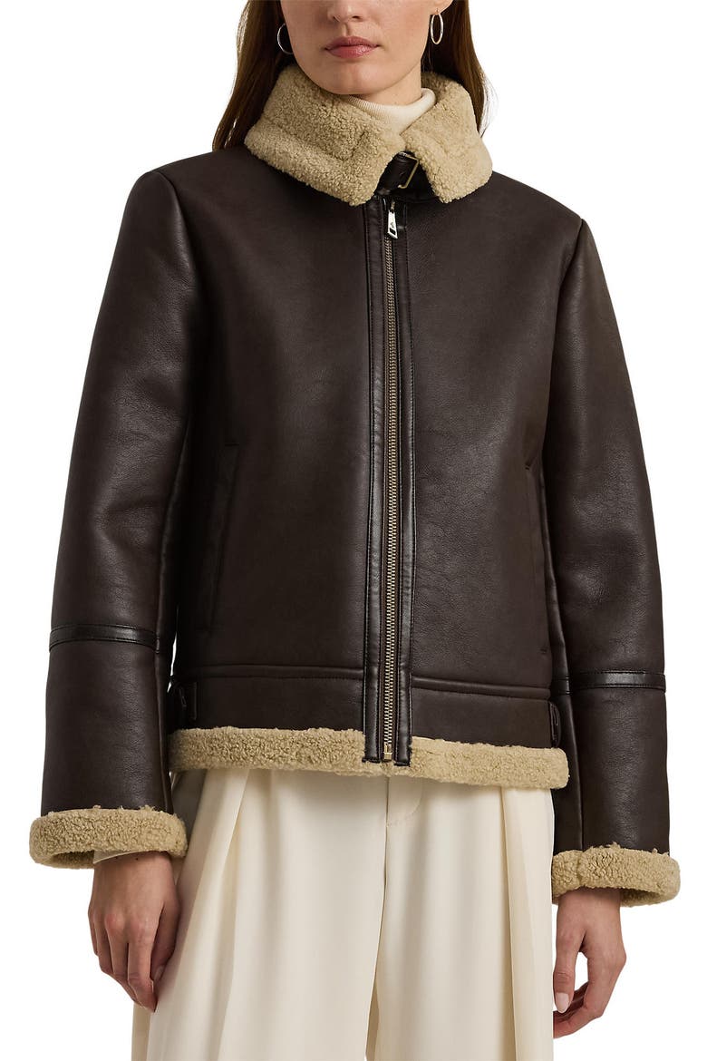 Faux Leather & Faux Shearling Bomber Jacket, Main, color, CIRCUIT BROWN