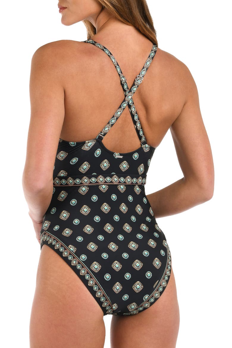 Lisa Southwestern Belted One-Piece Swimsuit, Alternate, color, BLACK