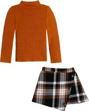 Mia Belle Girls Rust Turtleneck Top and Plaid Skort Set