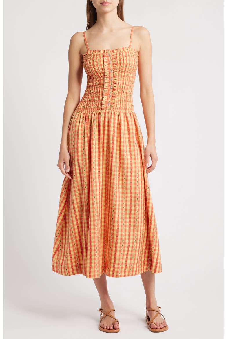 Grace Smocked Organic Cotton Midi Sundress, Main, color, ORANGE