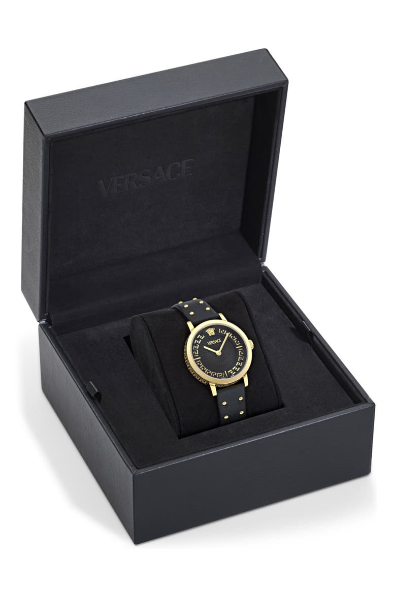 Renaissance Greca Leather Strap Watch, 35mm, Alternate, color, GOLD1