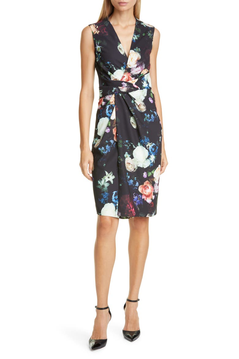 Drape Waist Floral Print Faux Wrap Sheath Dress, Main, color, MULTI FLORAL