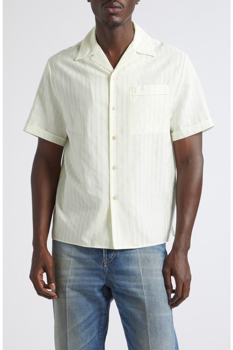 Micro Greca Cotton & Silk Short Sleeve Button-Up Shirt, Main, color, VANILLA