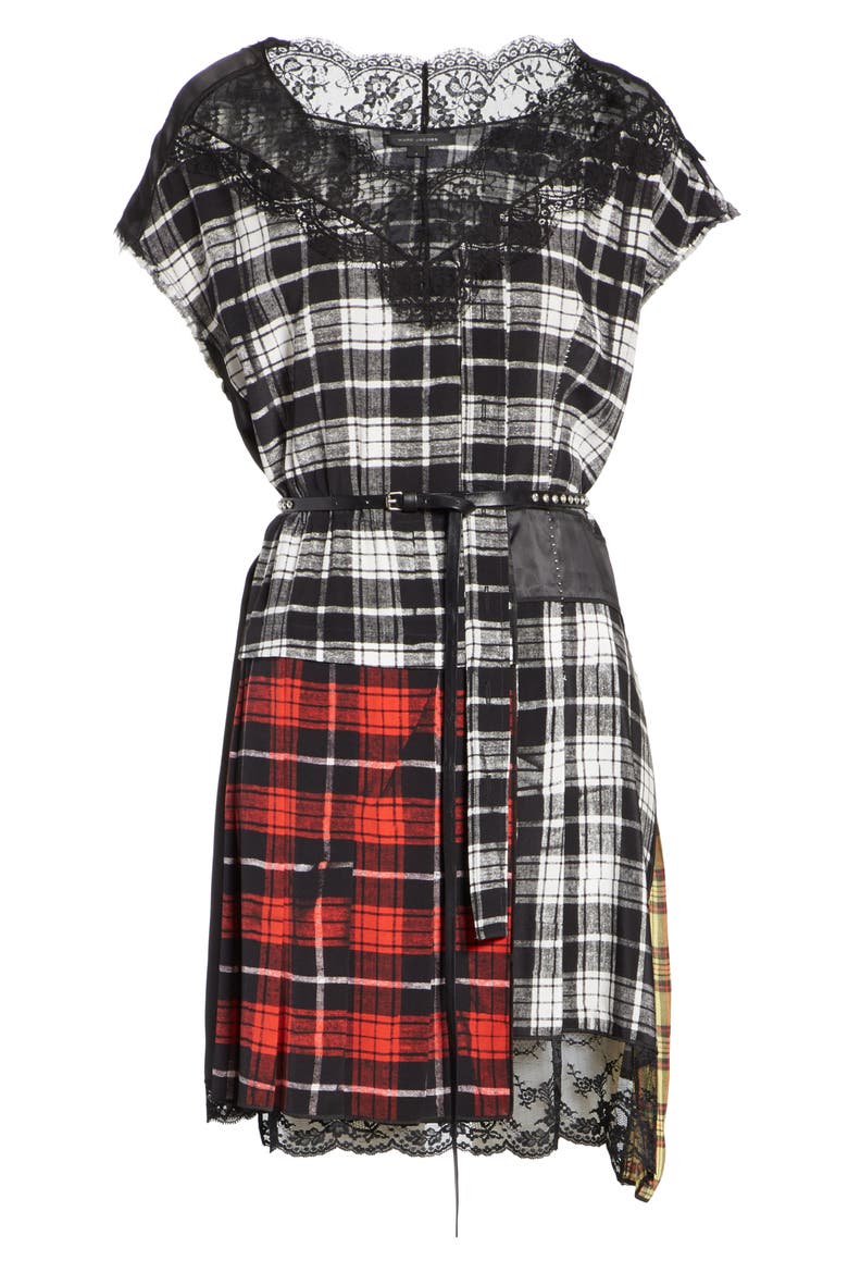 Lace Trim Plaid Silk Dress, Alternate, color, WHITE MULTI