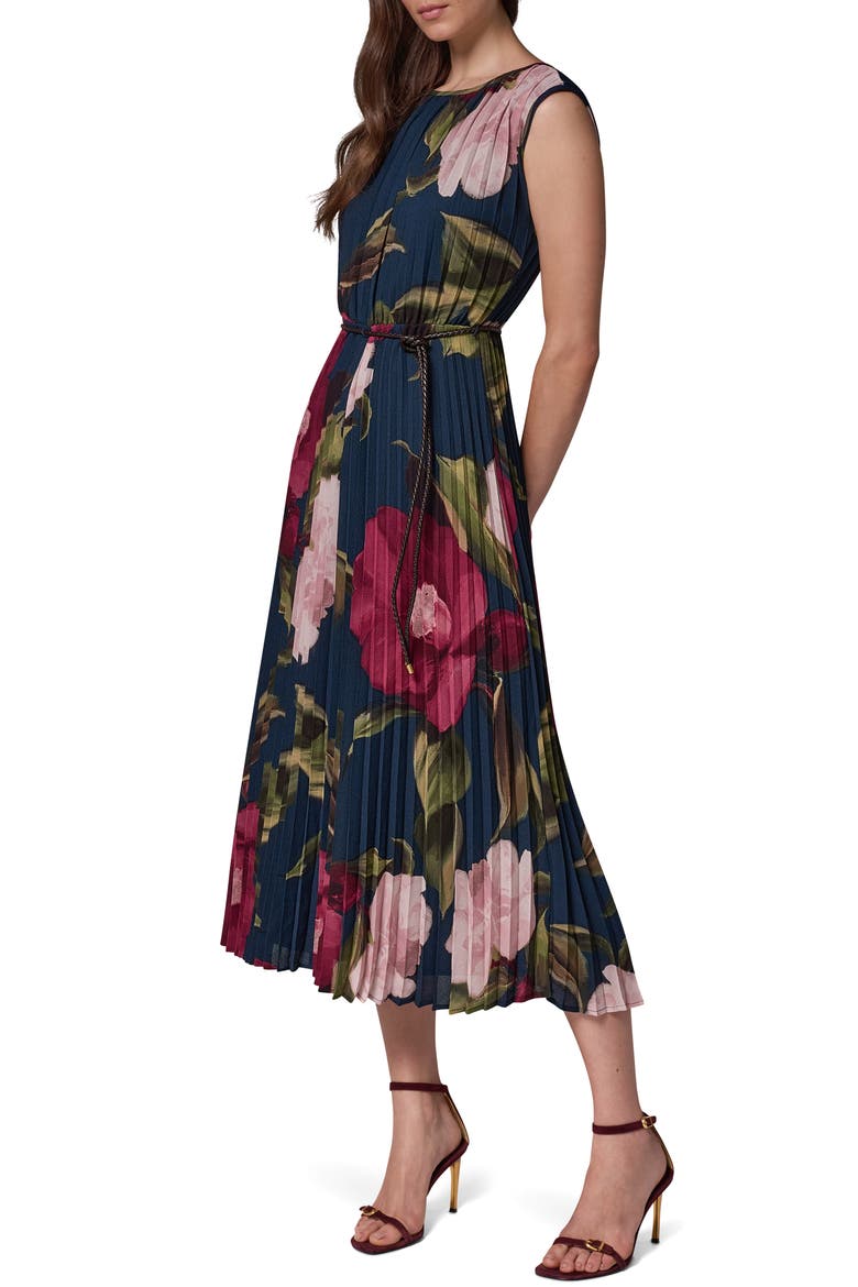 Floral Print Pleated Sleeveless Dress, Alternate, color, NAVY