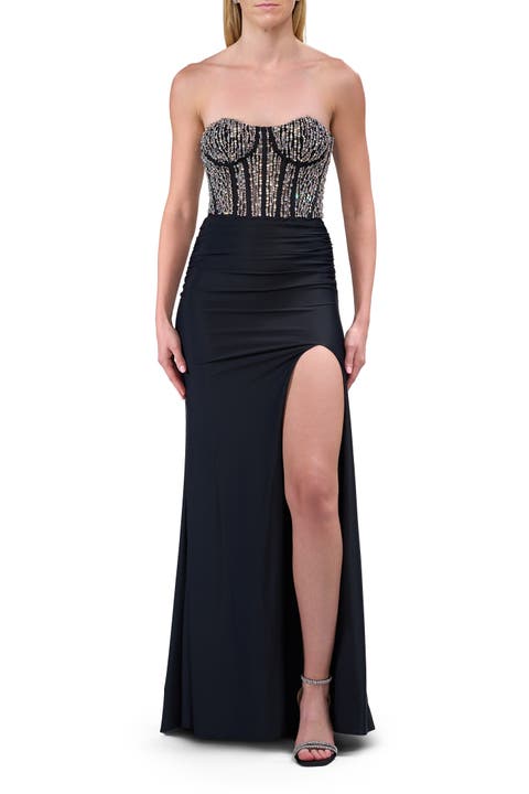 Long Dress with Rhinestone Corset Bodice and Simple Skirt
