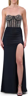 La Femme Long Dress with Rhinestone Corset Bodice and Simple Skirt