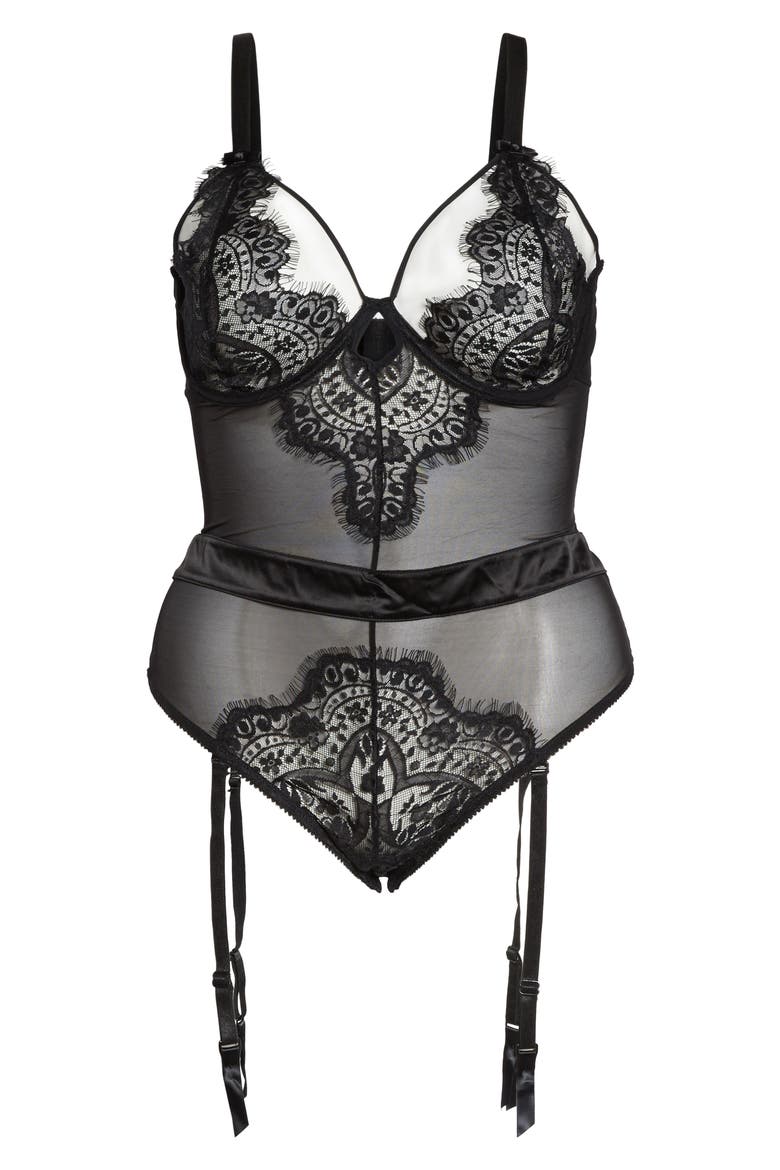 Eyelash Curves Lace Teddy, Alternate, color, BLACK