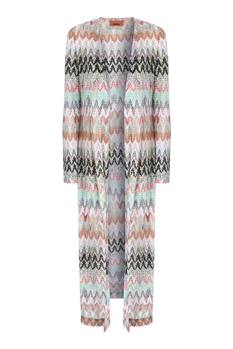 Long Cardigan In Cotton And Viscose Lamé With Lace Motif, Alternate, color, Multicoloured