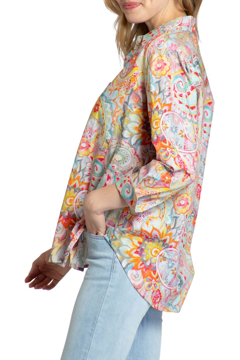 Oversize Feather Print Button-Up Shirt, Alternate, color, ORANGE MULTI