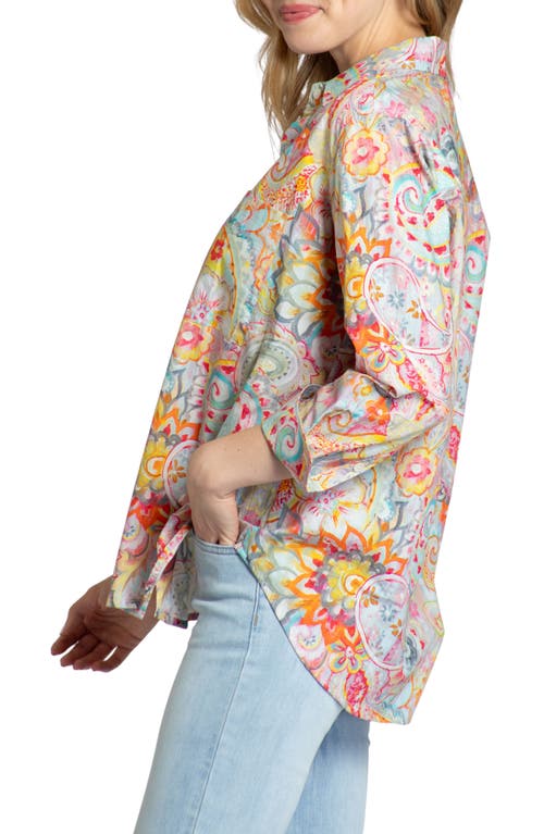 Apny Oversize Feather Print Button-up Shirt In Orange Multi