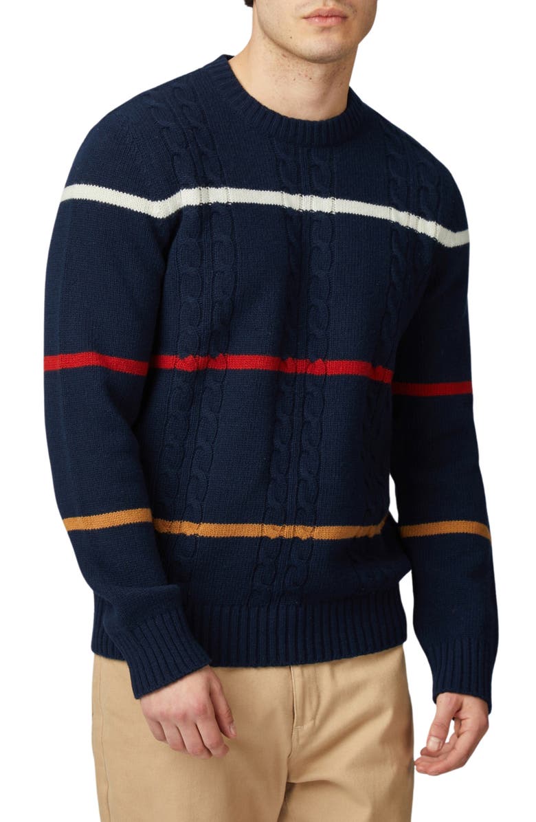 Ben Sherman Stripe Lambswool Blend Cable Crewneck Sweater, Main, color, Dark Navy