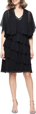 SL FASHIONS Tiered Ruffle Chiffon Dress with Jacket