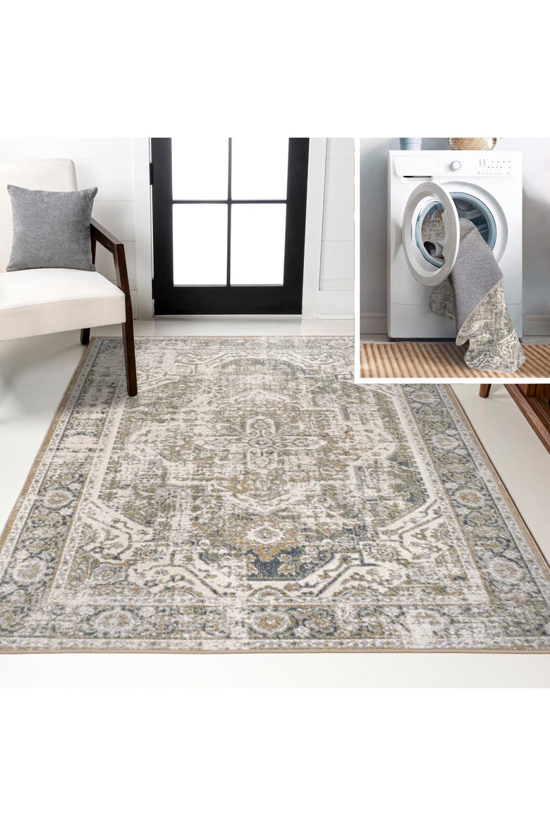 Keesha Bold Distressed Medallion Low-Pile Machine-Washable Area Rug, Main, color, Green/Cream