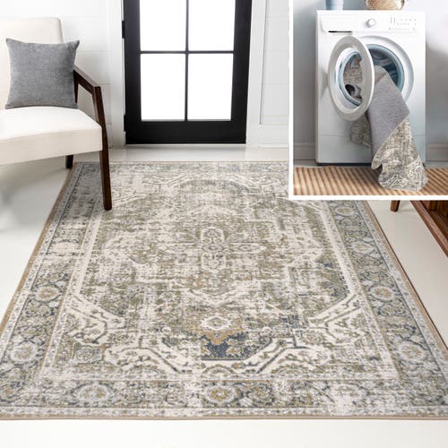 JONATHAN Y Keesha Bold Distressed Medallion Low-Pile Machine-Washable Area Rug in Green/cream 