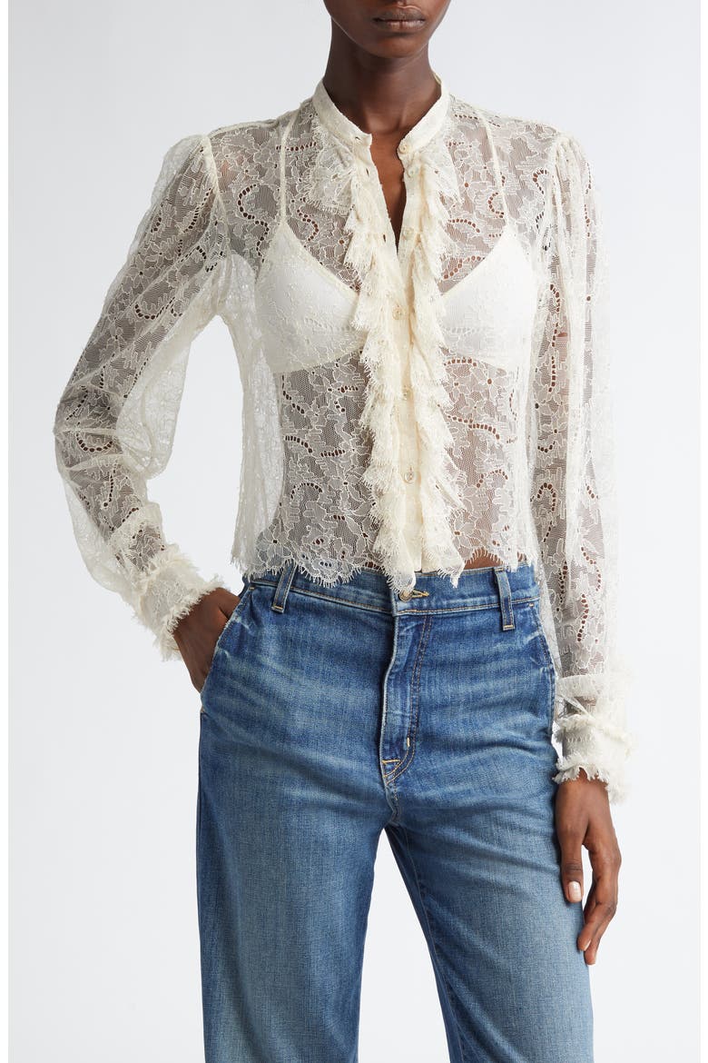 Cecile Ruffle Sheer Lace Top, Main, color, COWRIE