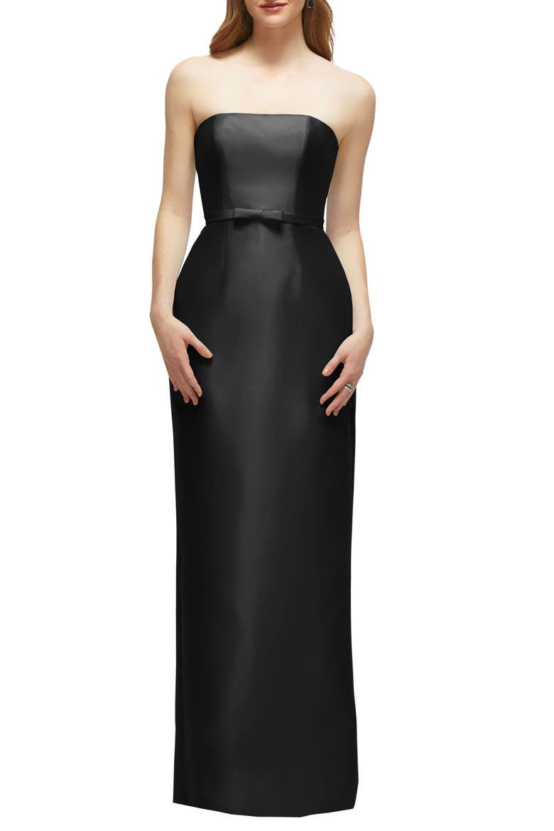 Strapless Bow Belt Satin Twill Column Gown, Main, color, BLACK