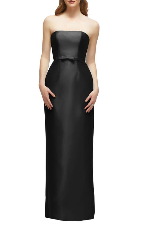 Strapless Bow Belt Satin Twill Column Gown