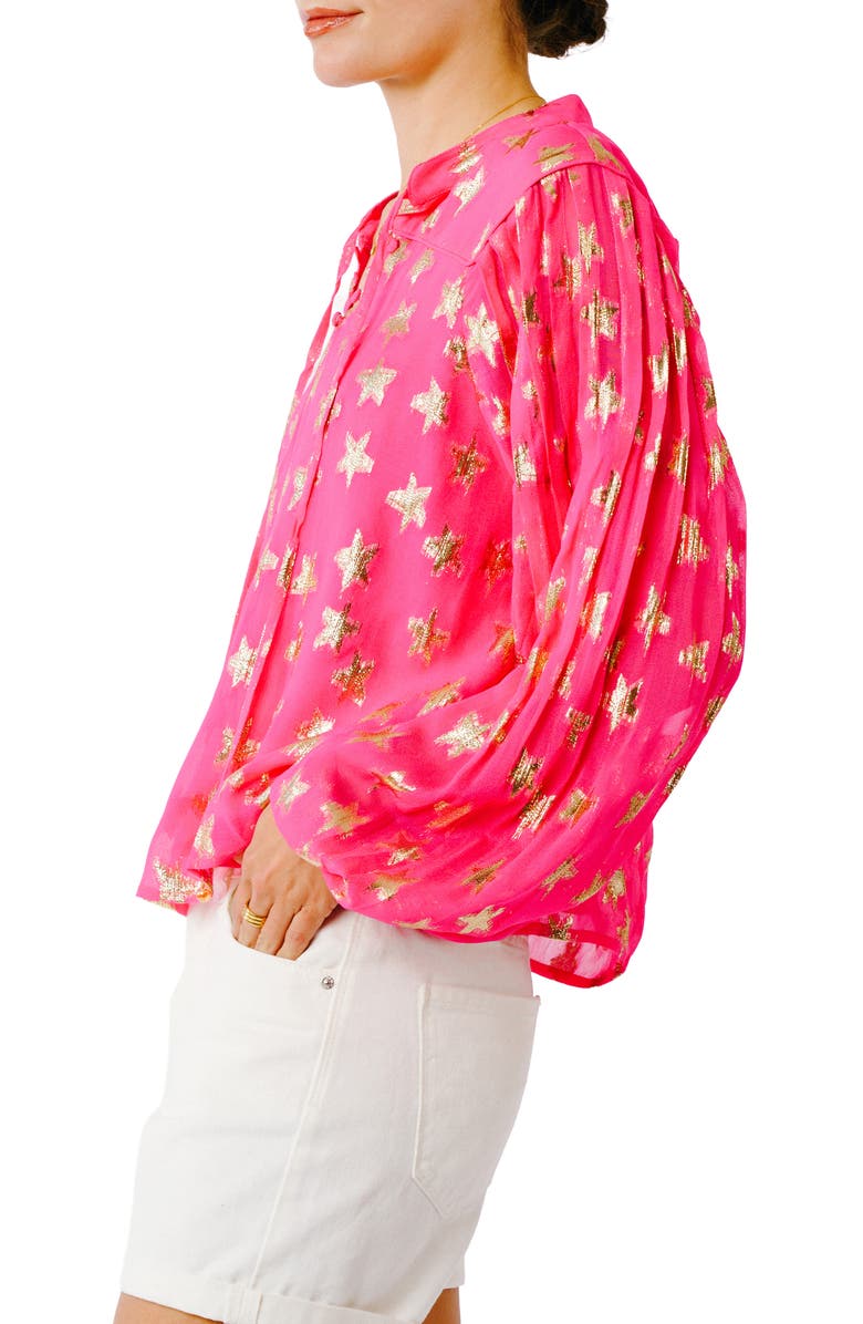 CIEBON Burnelle Metallic Star Long Sleeve Peasant Top, Alternate, color, Neon Pink