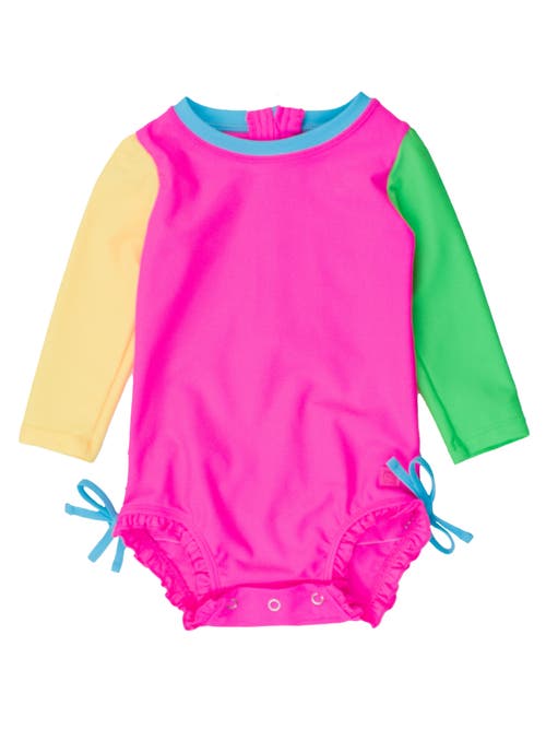 Rufflebutts Baby Girls Long Sleeve Upf50+ One Piece Rash Guard In Neon Color Block