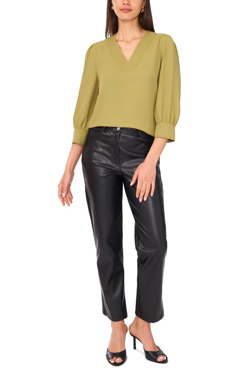 Vince Camuto Topstitched V-Neck Woven Top, Alternate, color, Moss Green