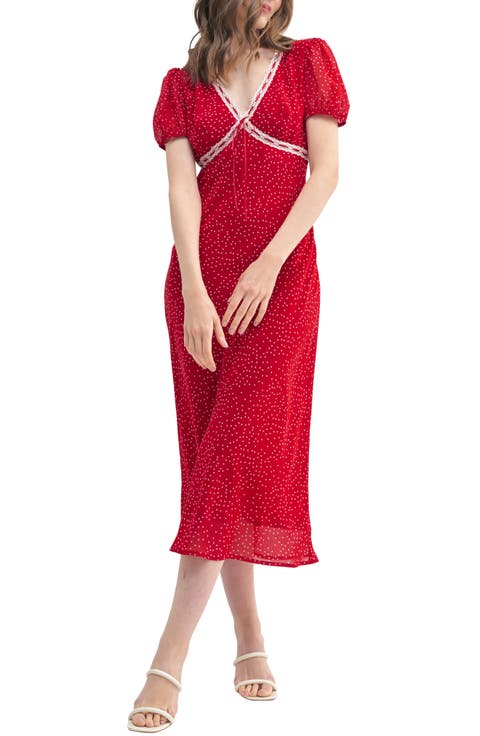 Lace Trim Puff Sleeve Empire Waist Midi Dress