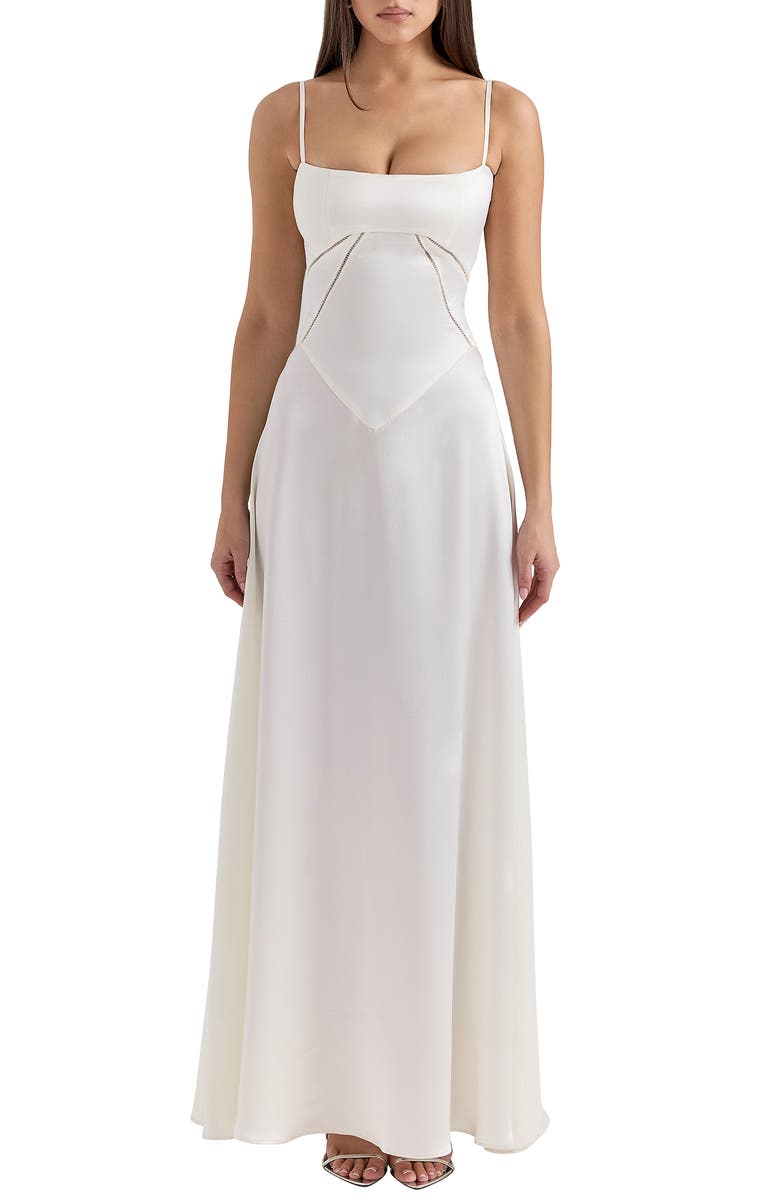 HOUSE OF CB Anabella Lace-Up Satin Gown, Main, color, Ivory