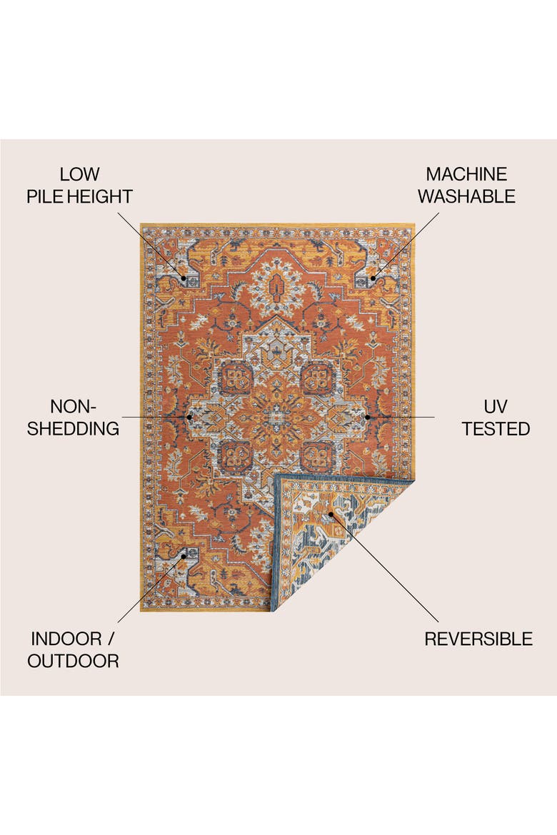 Bijan Traditional Vintage Medallion Reversible Machine-Washable Indoor/Outdoor Area Rug, Alternate, color, Terra/Blue/Cream